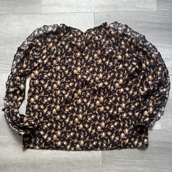 THML Black & Tan Print Cold Shoulder Ruffle Sleeve Top Large - Picture 5 of 6